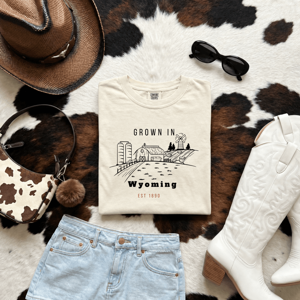 Grown in Wyoming Vintage Farm Tee | Barn, Field & Sunset Graphic | Cowboy State Pride - Kelso Designs