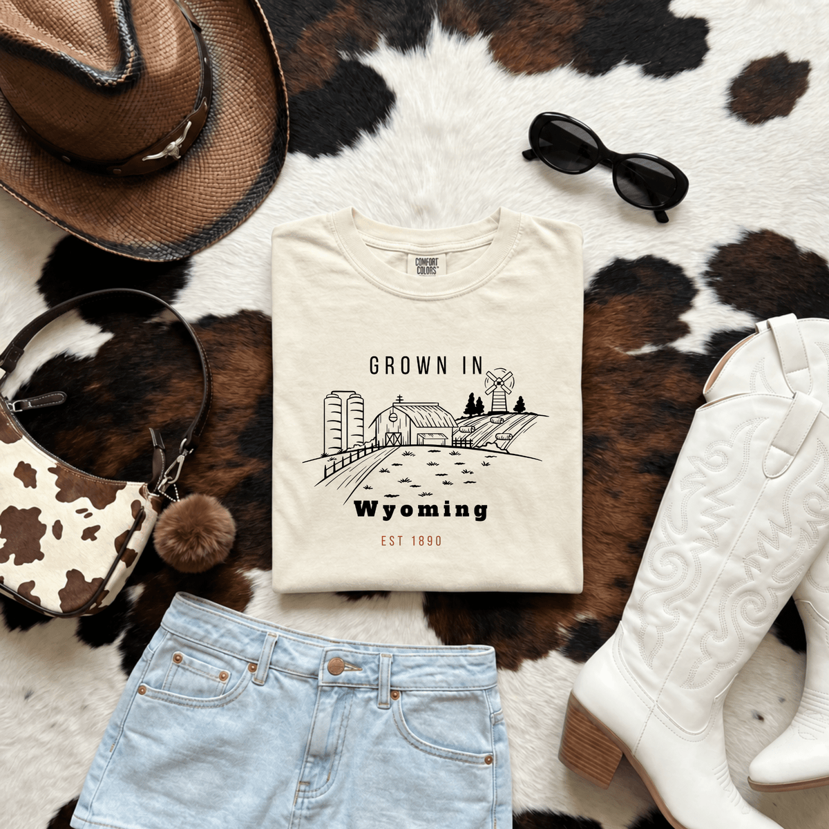 Grown in Wyoming Vintage Farm Tee | Barn, Field & Sunset Graphic | Cowboy State Pride - Kelso Designs