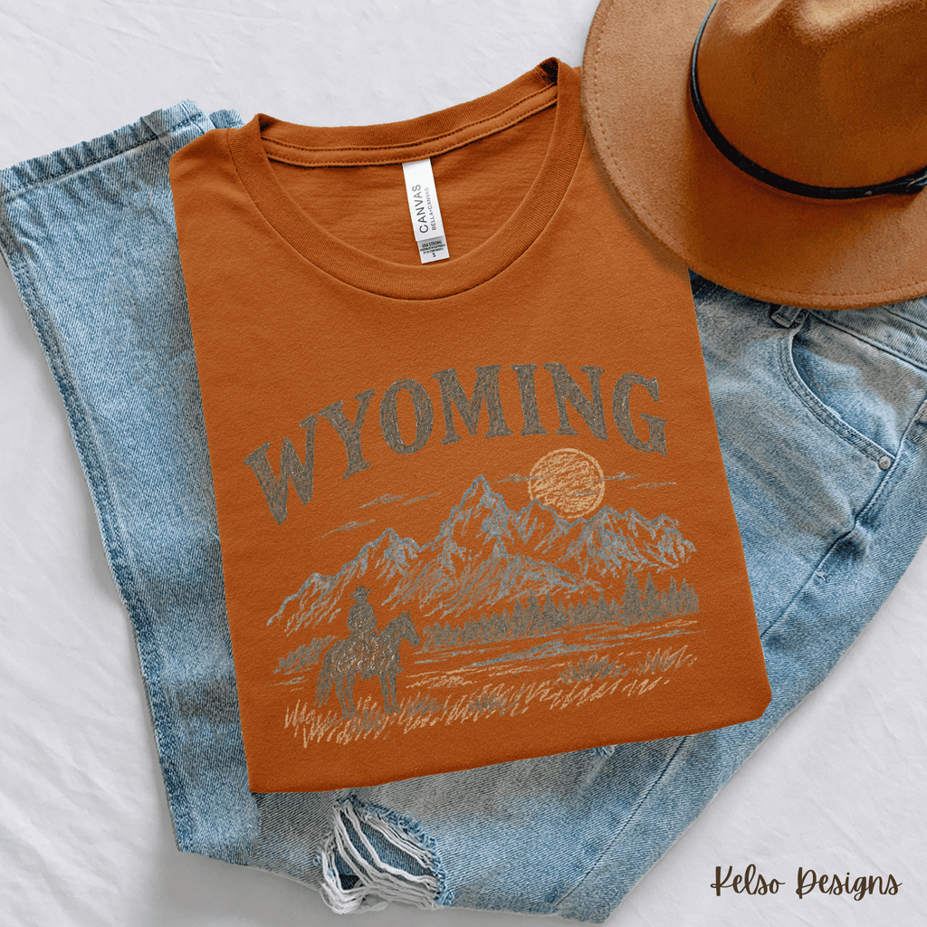 Wyoming Cowboy Graphic Tee | Western Mountain Shirt - Kelso Designs