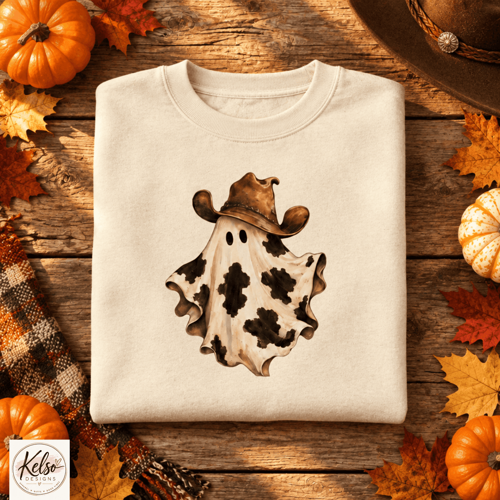 Cow Print Cowboy Ghost Crewneck Sweatshirt | Western Halloween Sweatshirt - Kelso Designs