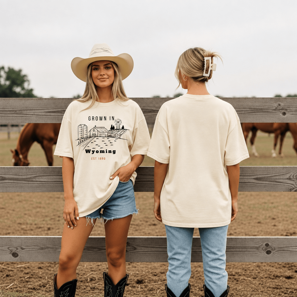 Grown in Wyoming Vintage Farm Tee | Barn, Field & Sunset Graphic | Cowboy State Pride - Kelso Designs