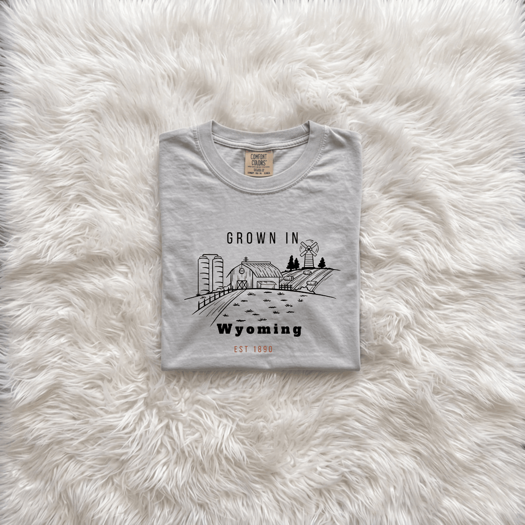 Grown in Wyoming Vintage Farm Tee | Barn, Field & Sunset Graphic | Cowboy State Pride - Kelso Designs