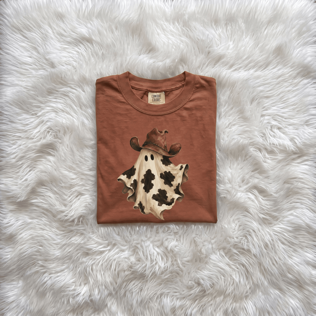 Cow Print Ghost with Cowboy Hat Graphic Tee | Funny Western Halloween Shirt - Kelso Designs