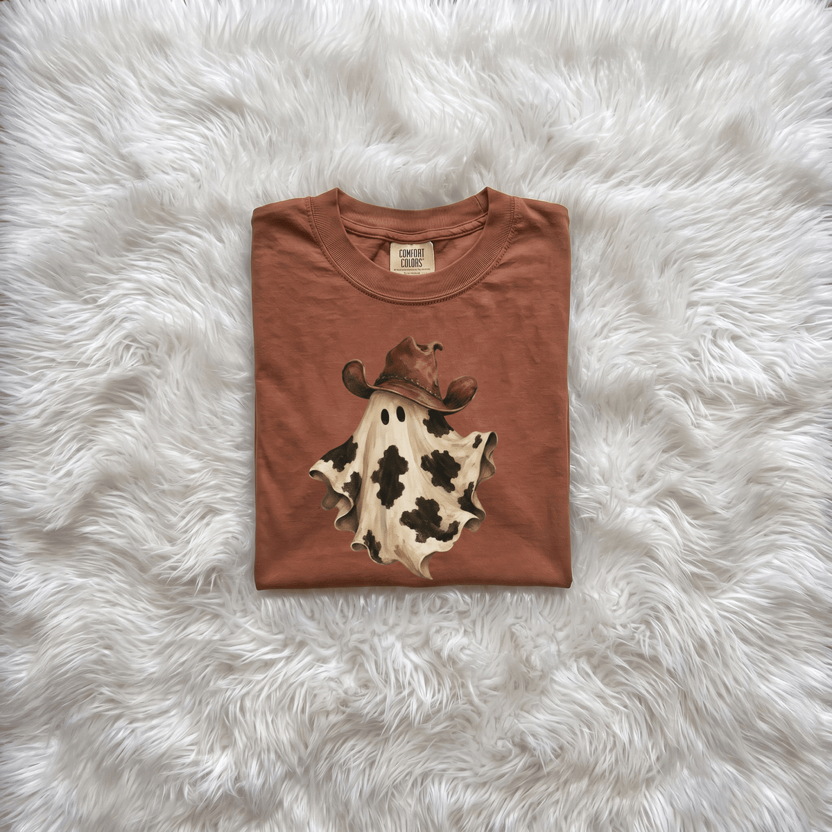 Cow Print Ghost with Cowboy Hat Graphic Tee | Funny Western Halloween Shirt - Kelso Designs