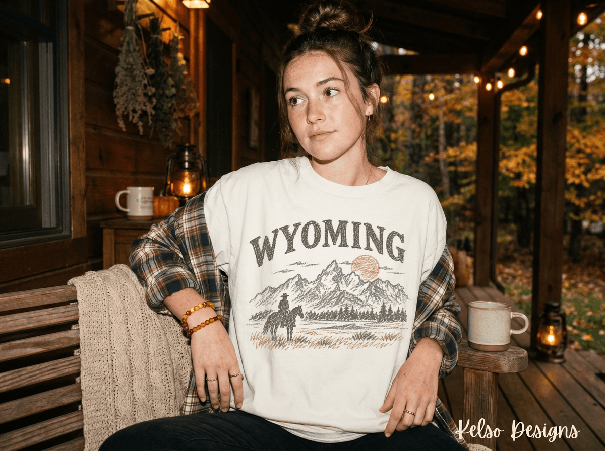 Wyoming Cowboy Graphic Tee | Western Mountain Shirt - Kelso Designs