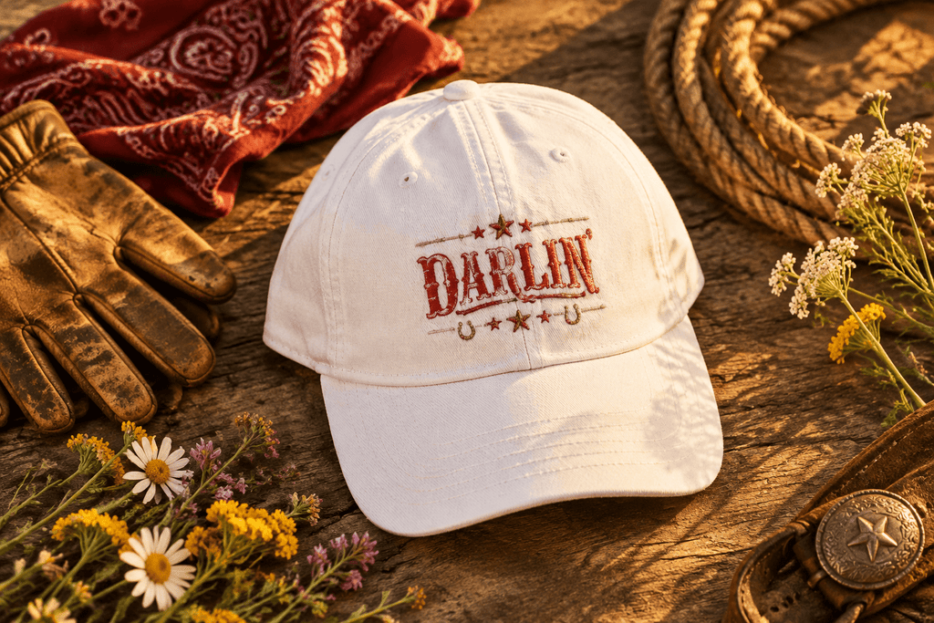 Darlin' Western lettering Snapback Cap | Rustic horseshoe stars trucker hat - Kelso Designs