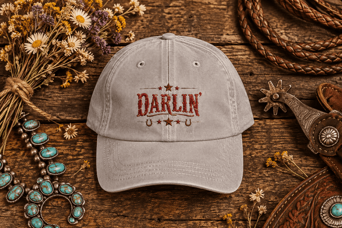 Darlin' Western lettering Snapback Cap | Rustic horseshoe stars trucker hat - Kelso Designs