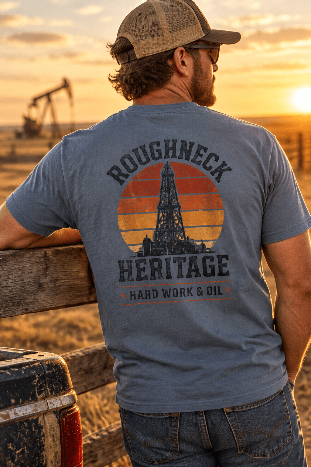Roughneck Oilfield Tee - Retro Sunset Design, Perfect Gift for Workers - Kelso Designs