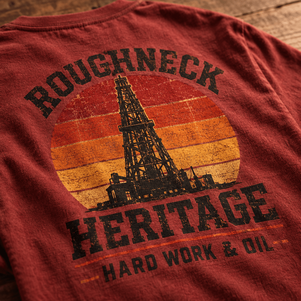 Roughneck Oilfield Tee - Retro Sunset Design, Perfect Gift for Workers - Kelso Designs
