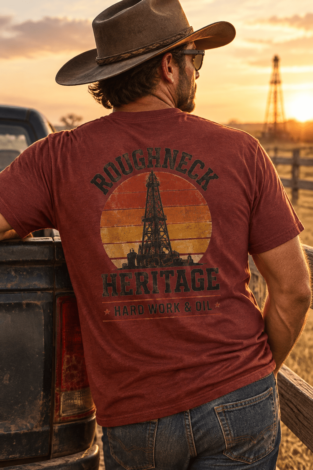 Roughneck Oilfield Tee - Retro Sunset Design, Perfect Gift for Workers - Kelso Designs