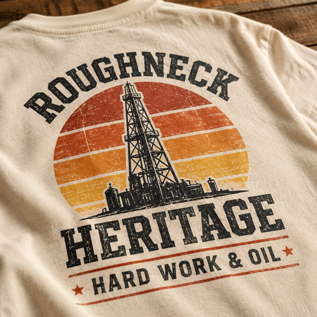 Roughneck Oilfield Tee - Retro Sunset Design, Perfect Gift for Workers - Kelso Designs