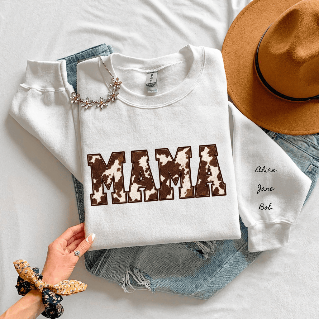 Personalized MAMA Cow Print Sweatshirt, Western Mom Crewneck with Kids Names on Sleeve, Mothers Day Gift, Cowhide Mama Sweater - Kelso Designs