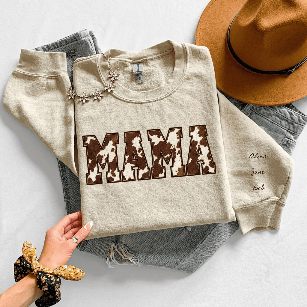 Personalized MAMA Cow Print Sweatshirt, Western Mom Crewneck with Kids Names on Sleeve, Mothers Day Gift, Cowhide Mama Sweater - Kelso Designs