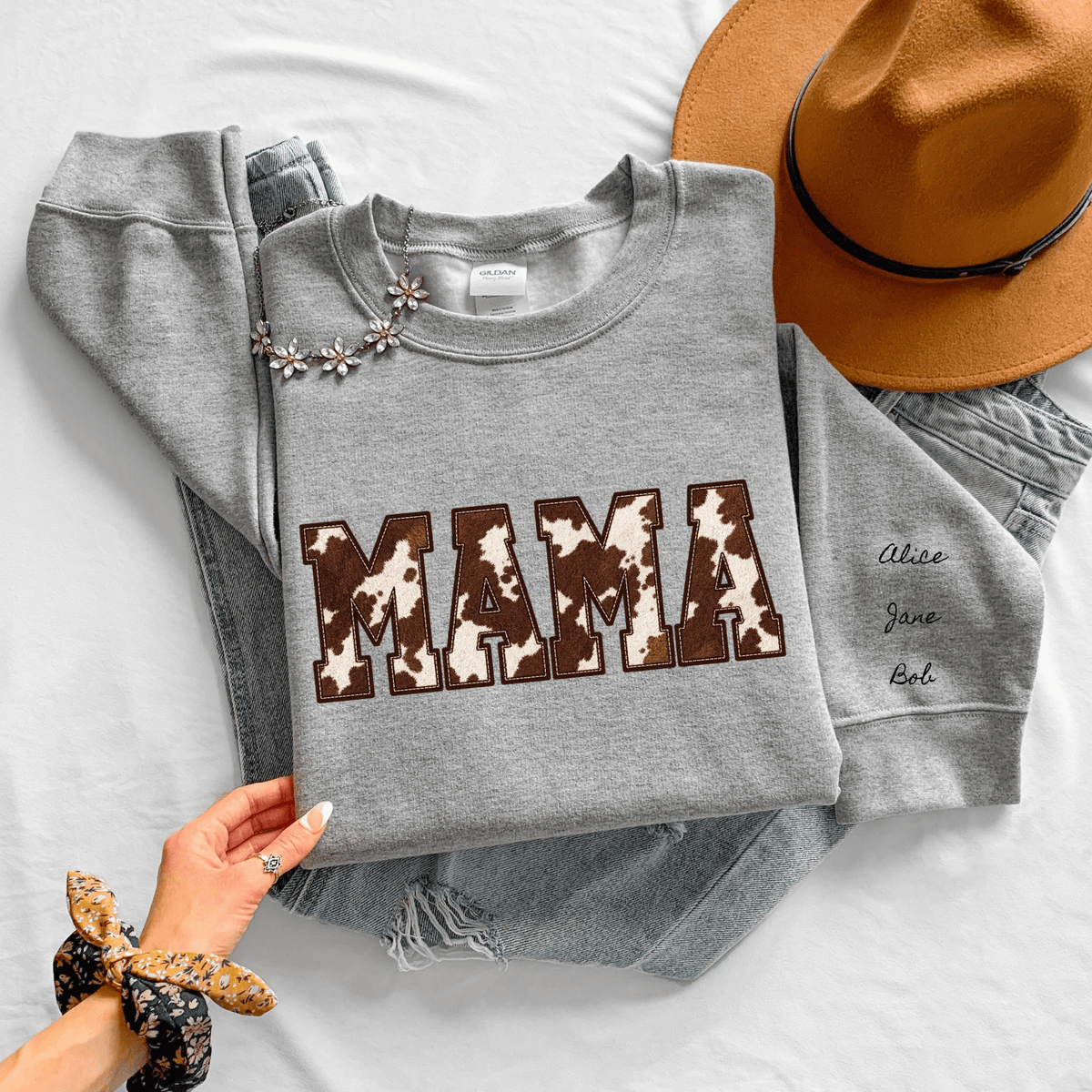 Personalized MAMA Cow Print Sweatshirt, Western Mom Crewneck with Kids Names on Sleeve, Mothers Day Gift, Cowhide Mama Sweater - Kelso Designs