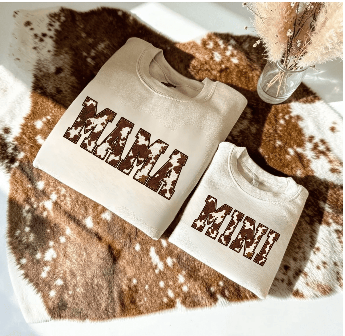 Personalized MAMA Cow Print Sweatshirt, Western Mom Crewneck with Kids Names on Sleeve, Mothers Day Gift, Cowhide Mama Sweater - Kelso Designs