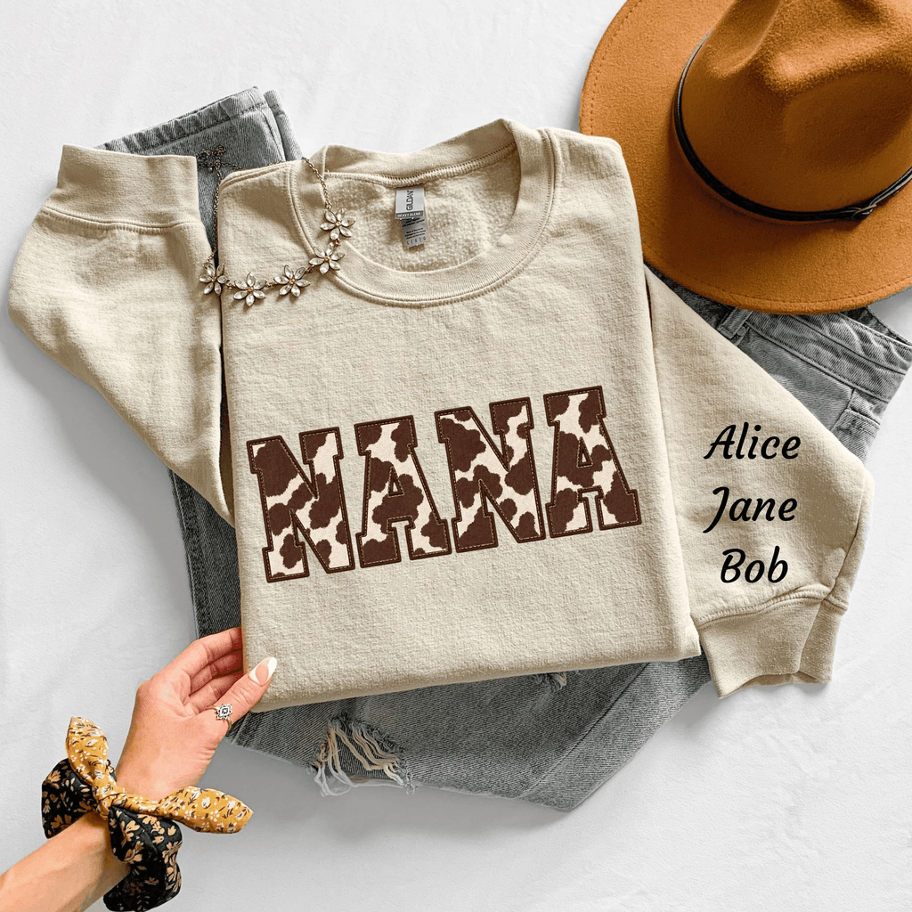 Personalized Cow Print "NANA" Sweatshirt, Western Nana Crewneck with Kids Names (Mother's Day Gift) - Kelso Designs