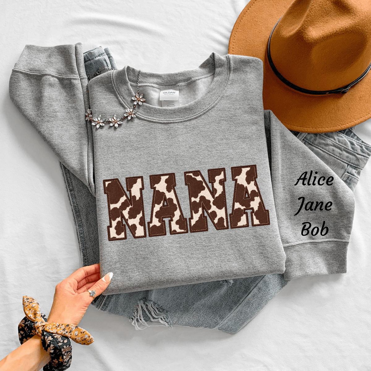 Personalized Cow Print "NANA" Sweatshirt, Western Nana Crewneck with Kids Names (Mother's Day Gift) - Kelso Designs