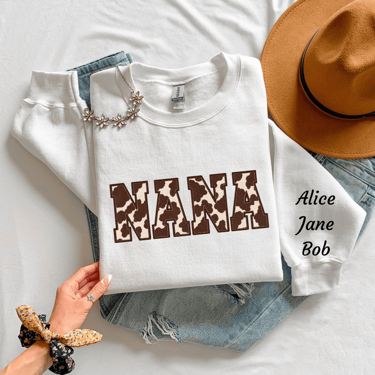 Personalized Cow Print "NANA" Sweatshirt, Western Nana Crewneck with Kids Names (Mother's Day Gift) - Kelso Designs