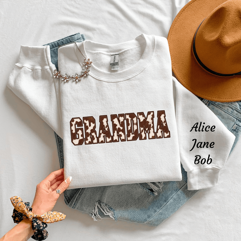 Personalized Cow Print GRANDMA Sweatshirt, Western Crewneck with Kids Names (Mother's Day Gift) - Kelso Designs