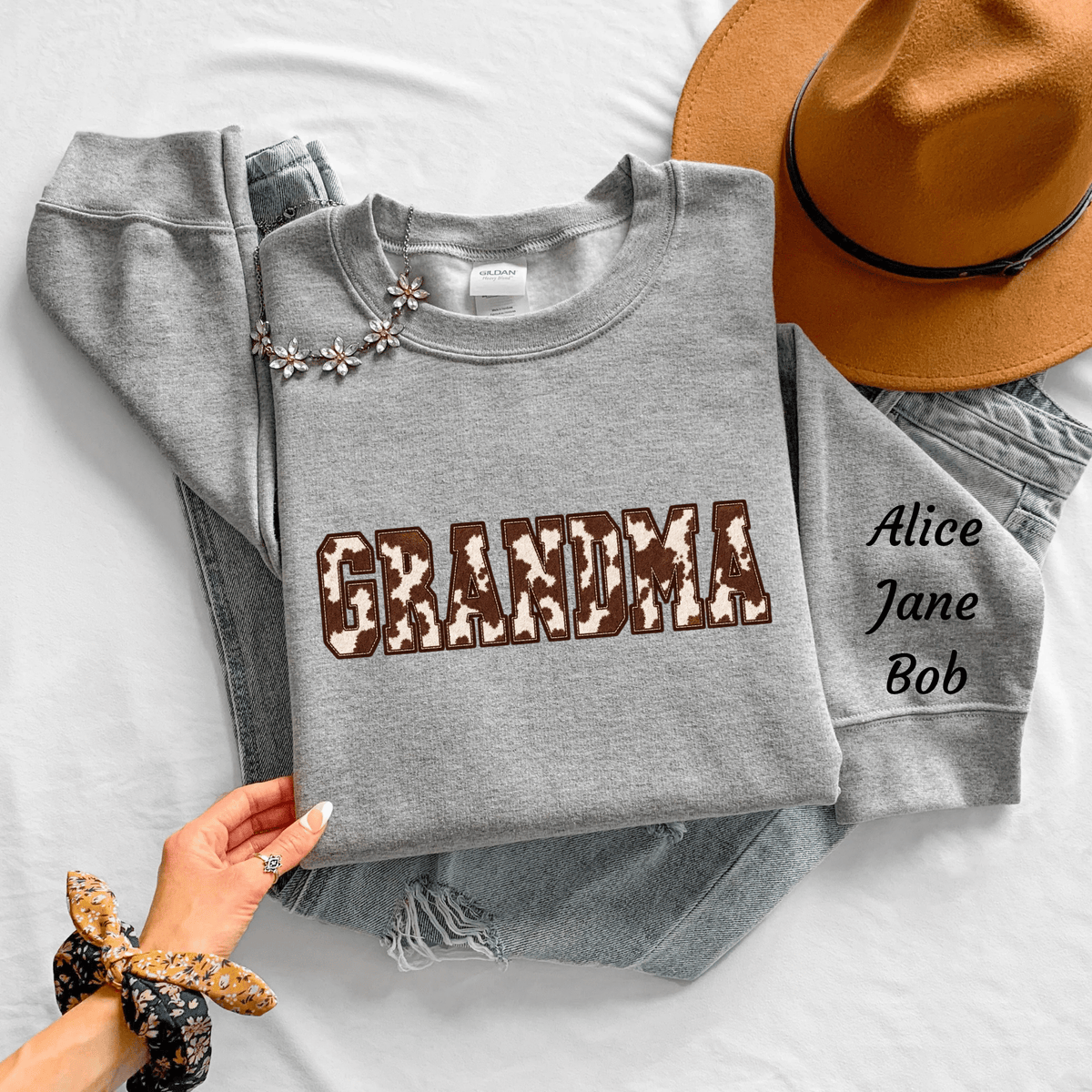 Personalized Cow Print GRANDMA Sweatshirt, Western Crewneck with Kids Names (Mother's Day Gift) - Kelso Designs