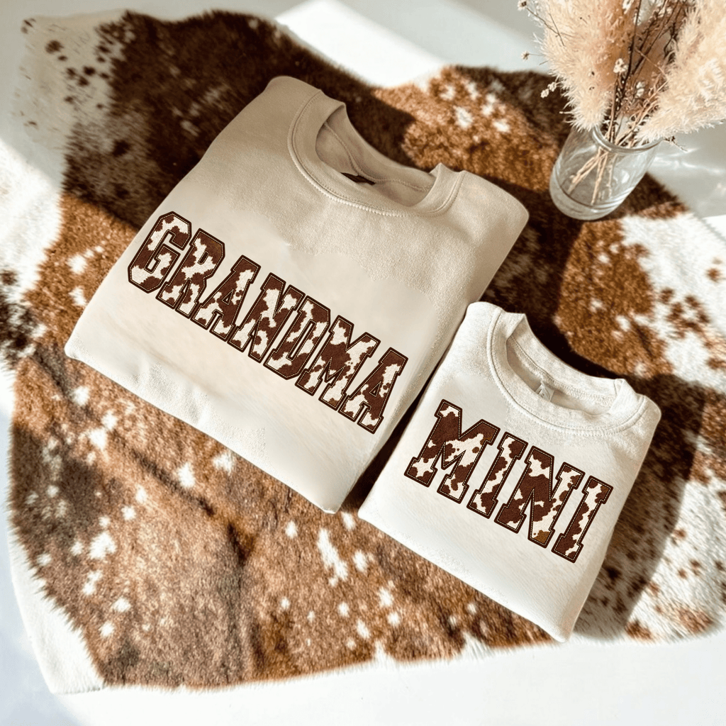 Personalized Cow Print GRANDMA Sweatshirt, Western Crewneck with Kids Names (Mother's Day Gift) - Kelso Designs