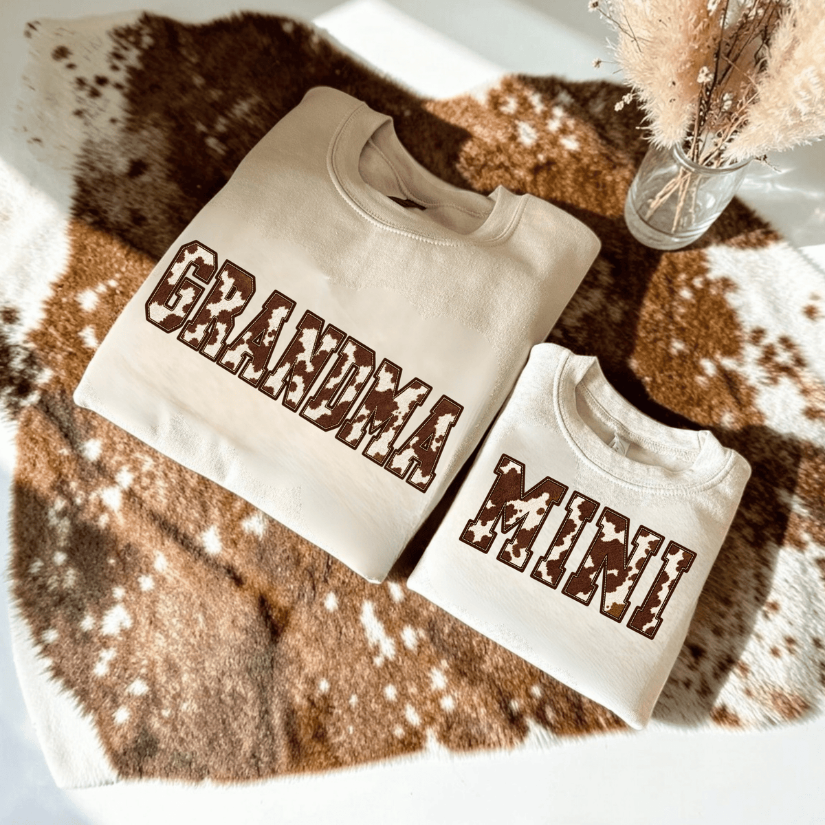 Personalized Cow Print GRANDMA Sweatshirt, Western Crewneck with Kids Names (Mother's Day Gift) - Kelso Designs