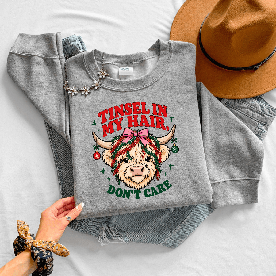 Tinsel in My Hair Don’t Care Christmas Crewneck Sweatshirt - Kelso Designs
