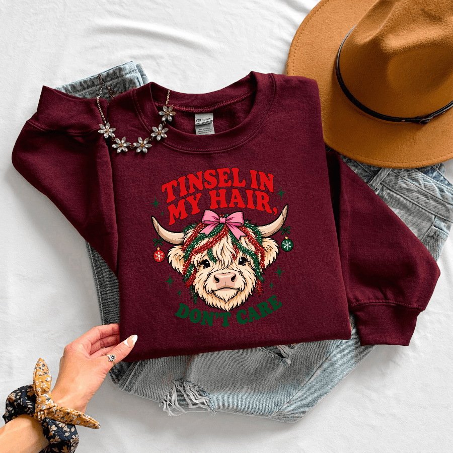 Tinsel in My Hair Don’t Care Christmas Crewneck Sweatshirt - Kelso Designs