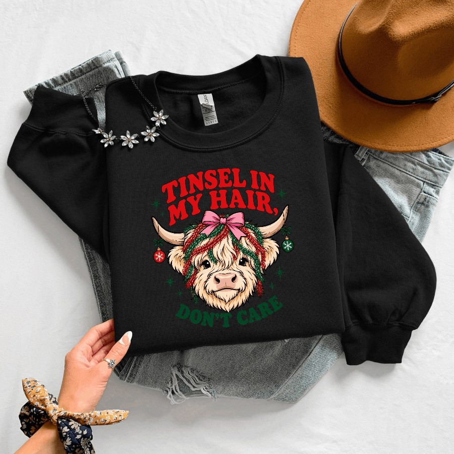 Tinsel in My Hair Don’t Care Christmas Crewneck Sweatshirt - Kelso Designs