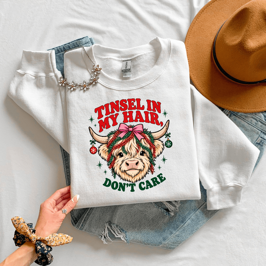 Tinsel in My Hair Don’t Care Christmas Crewneck Sweatshirt - Kelso Designs