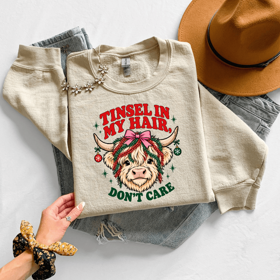 Tinsel in My Hair Don’t Care Christmas Crewneck Sweatshirt - Kelso Designs