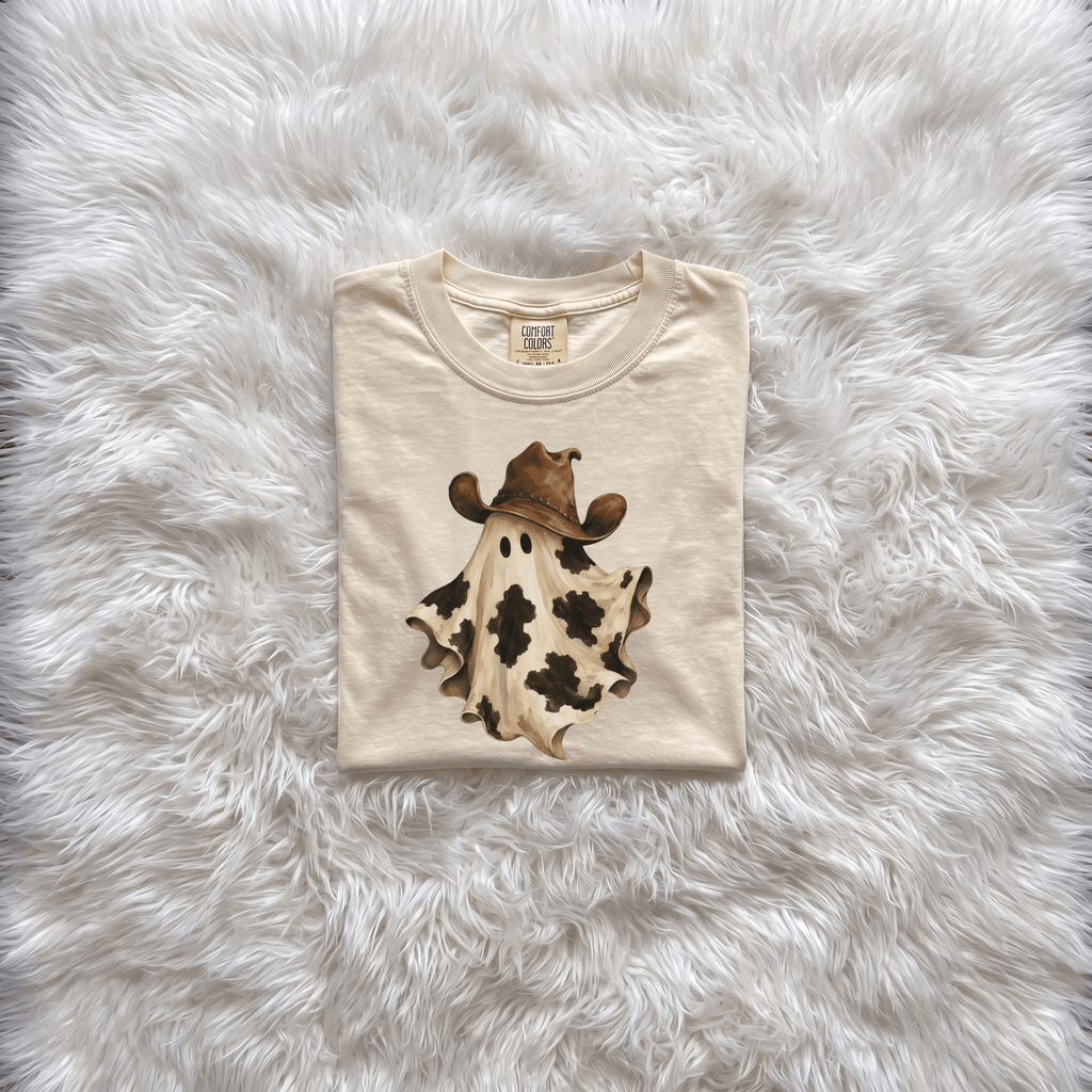 Cow Print Ghost with Cowboy Hat Graphic Tee | Funny Western Halloween Shirt - Kelso Designs