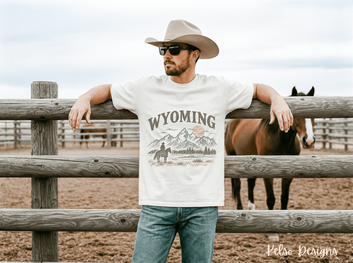 Wyoming Cowboy Graphic Tee | Western Mountain Shirt - Kelso Designs