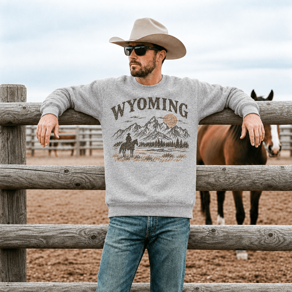 Wyoming Cowboy Sweater | Vintage Western Horse & Mountain Graphic Pullover - Kelso Designs