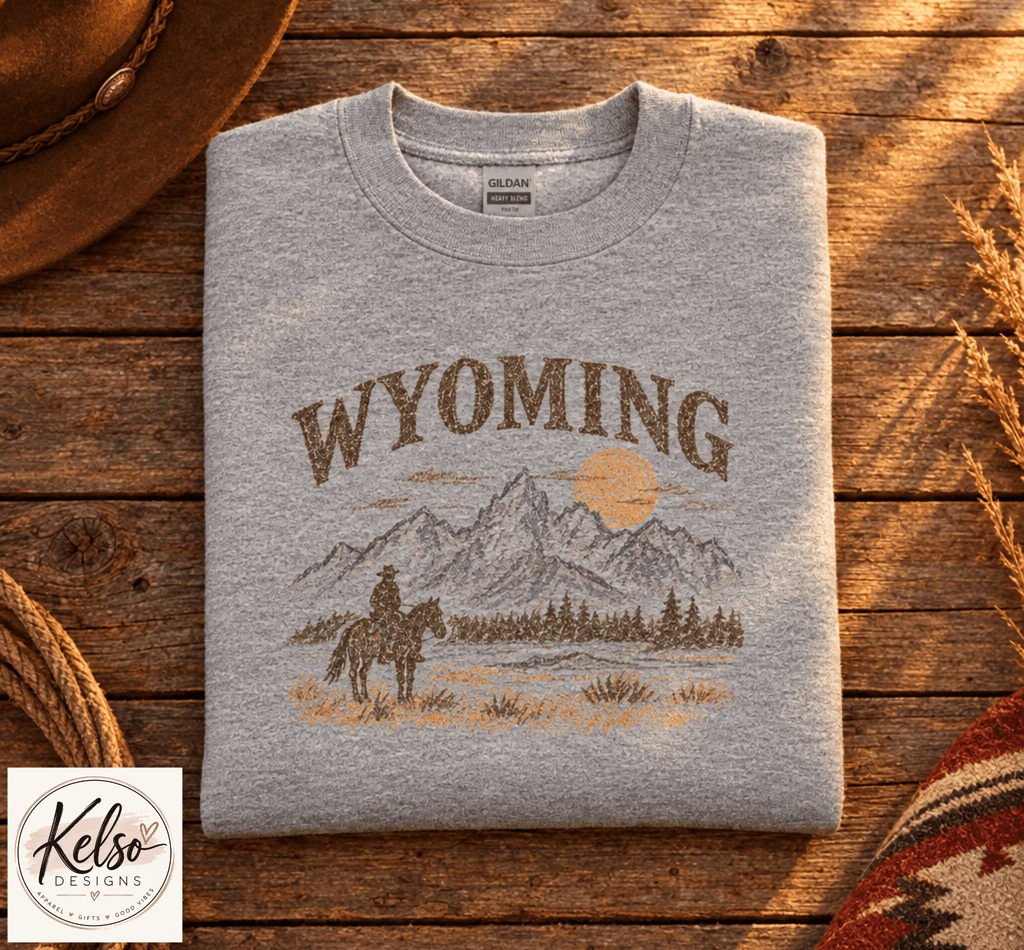 Youth Wyoming Sketched Cowboy Graphic Sweater | Western Mountain Horse Pullover for Kids - Kelso Designs