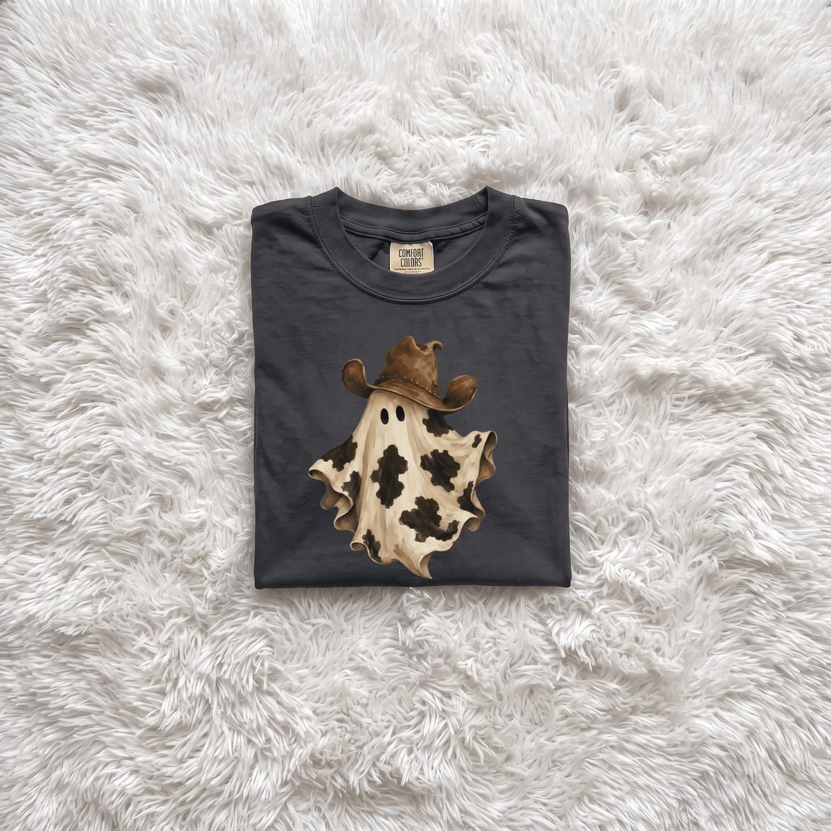 Cow Print Ghost with Cowboy Hat Graphic Tee | Funny Western Halloween Shirt - Kelso Designs