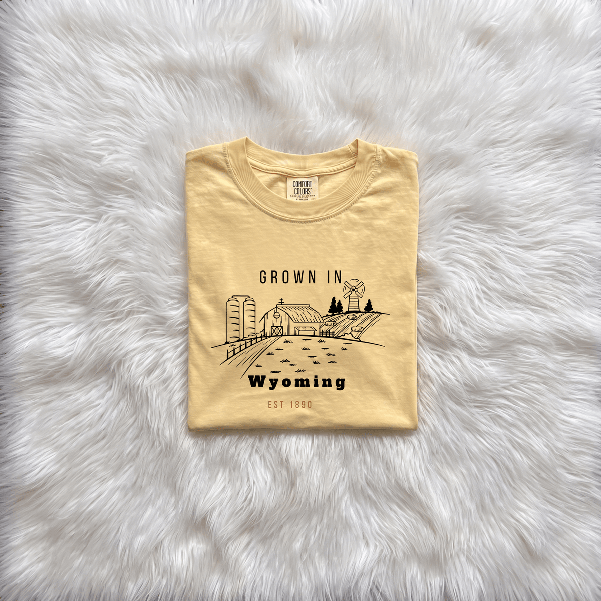 Grown in Wyoming Vintage Farm Tee | Barn, Field & Sunset Graphic | Cowboy State Pride - Kelso Designs