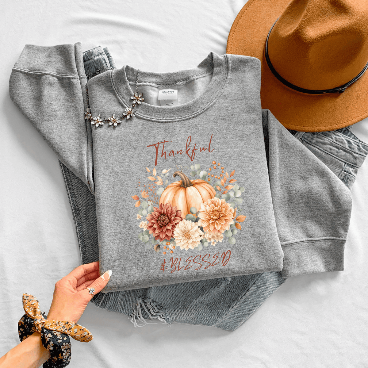 Thankful Blessed Pumpkin Floral Fall Crewneck Sweatshirt - Kelso Designs