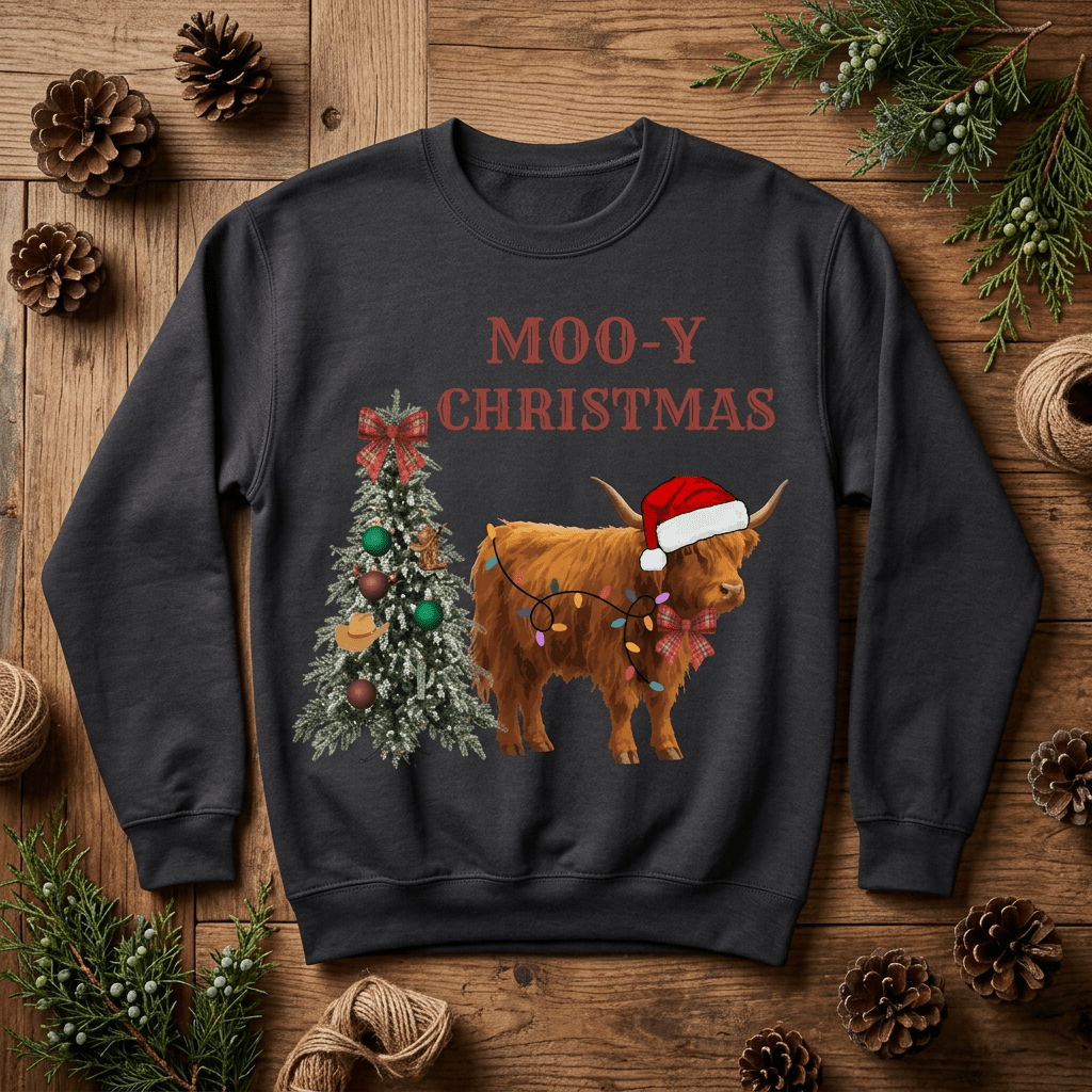 Cow Christmas Sweatshirt — "MOO-Y Christmas" Holiday Crewneck - Kelso Designs