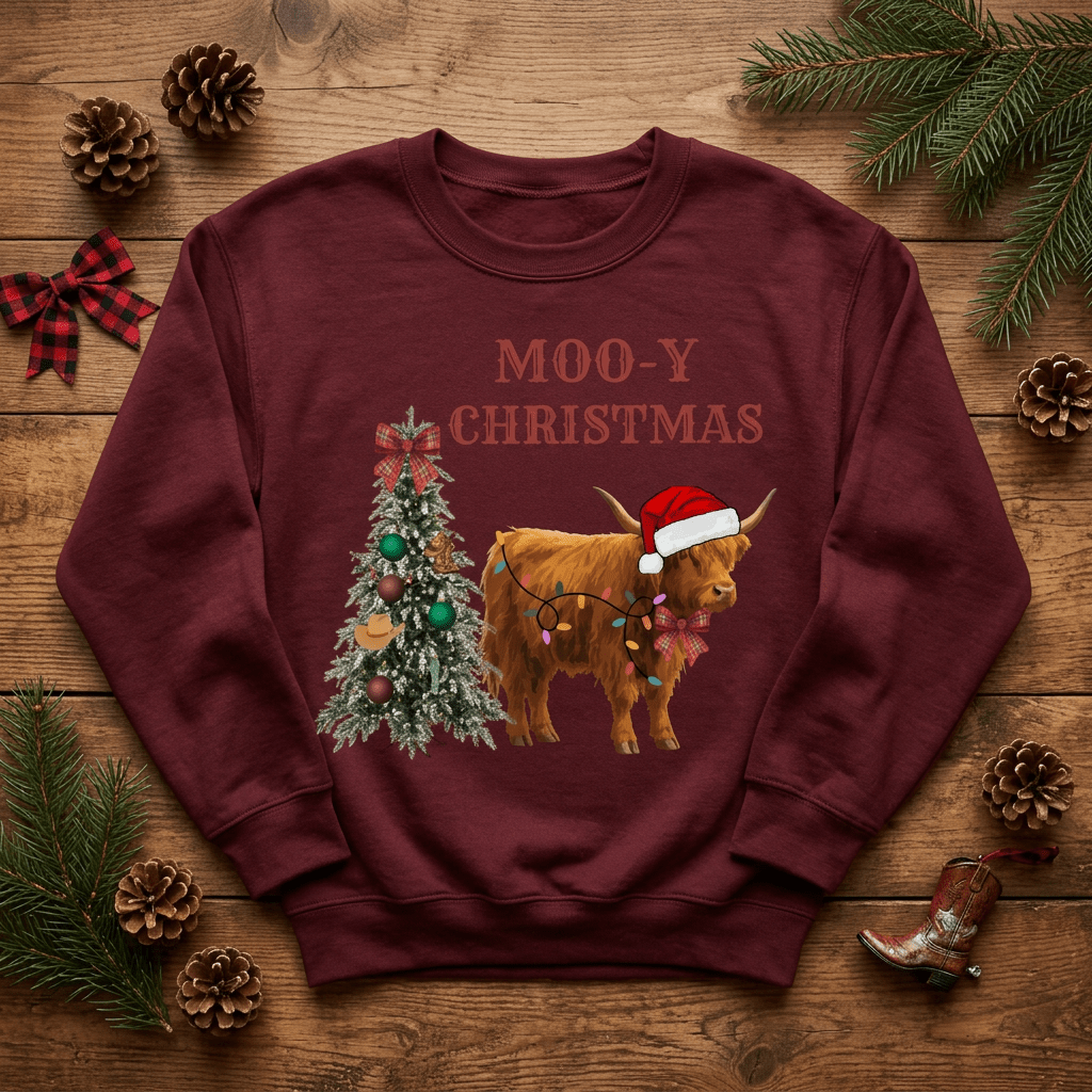 Cow Christmas Sweatshirt — "MOO-Y Christmas" Holiday Crewneck - Kelso Designs