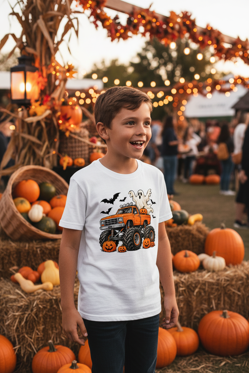 Kids Ghost Monster Truck Halloween Graphic Tee