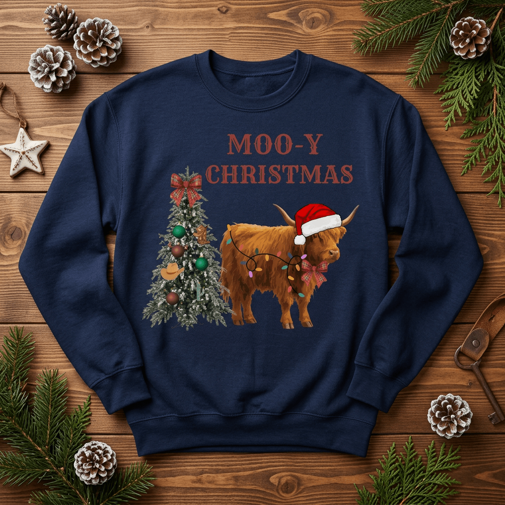 Cow Christmas Sweatshirt — "MOO-Y Christmas" Holiday Crewneck - Kelso Designs
