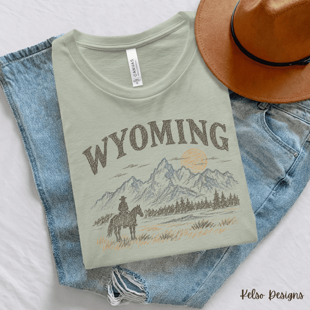 Wyoming Cowboy Graphic Tee | Western Mountain Shirt - Kelso Designs