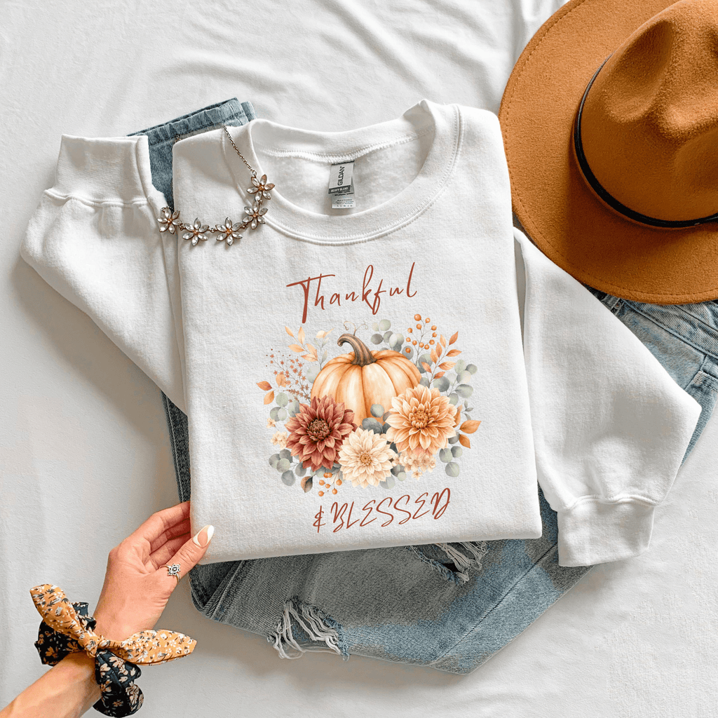Thankful Blessed Pumpkin Floral Fall Crewneck Sweatshirt - Kelso Designs