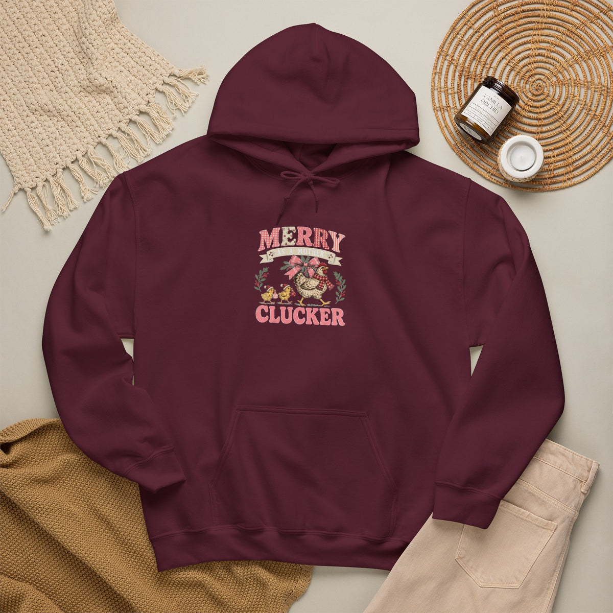 Merry Clucker Hoodie, Funny Christmas Chicken Sweatshirt, Farmhouse Holiday Hooded Sweatshirt, Chicken Lover Gift - Kelso Designs