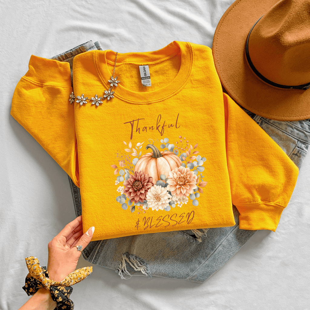 Thankful Blessed Pumpkin Floral Fall Crewneck Sweatshirt - Kelso Designs
