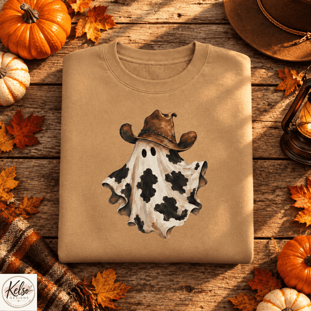 Cow Print Cowboy Ghost Crewneck Sweatshirt | Western Halloween Sweatshirt - Kelso Designs