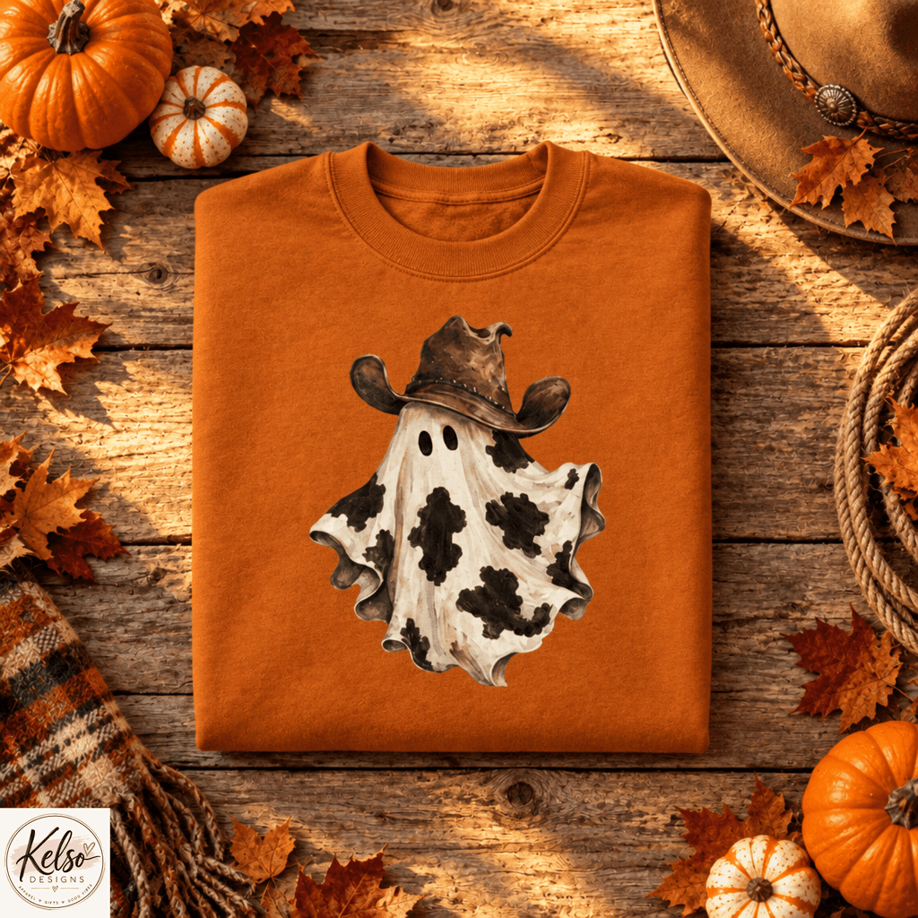 Cow Print Cowboy Ghost Crewneck Sweatshirt | Western Halloween Sweatshirt - Kelso Designs