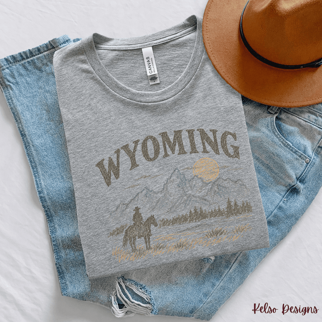 Wyoming Cowboy Graphic Tee | Western Mountain Shirt - Kelso Designs
