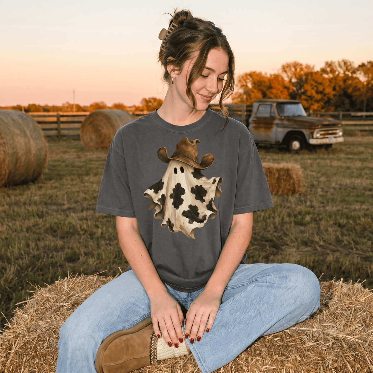 Cow Print Ghost with Cowboy Hat Graphic Tee | Funny Western Halloween Shirt - Kelso Designs